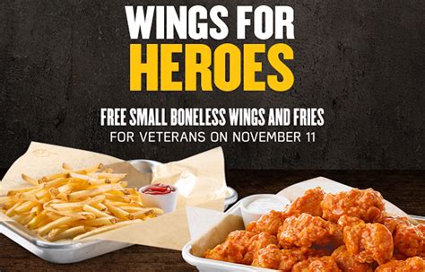 Buffalo wild wings veterans day 2022 - Nov 10, 2022 · Buffalo Wild Wings Veterans Day deal: Free wings and fries ... All veterans & active military members can get a free meal on Veterans Day November 11, 2022 at all participating Chili's Grill & Bar ... 